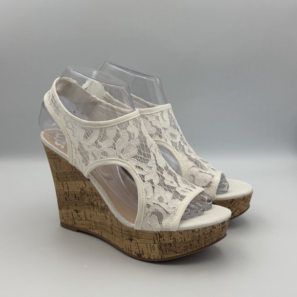 Fergalicious Shoes - Fergalicious Lace Cork Wedge Sandals Womens 7 Ivory Boho Cottagecore Bridal